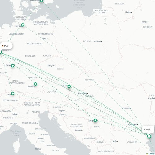 Mapa lotu bezpośredniego Düsseldorf – Warna