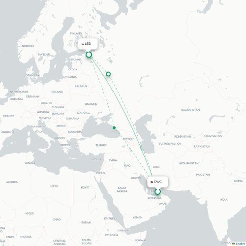 Mapa de vuelo directo Dubái - San Petersburgo