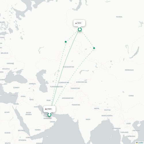 Mapa de vuelo directo Dubái - Surgut