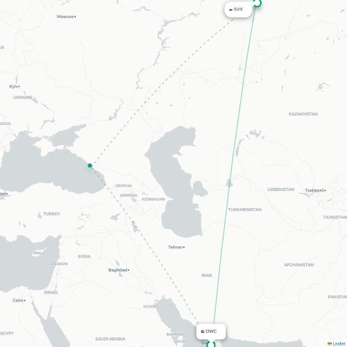 Mapa de vuelo directo Dubái - Ekaterinburgo