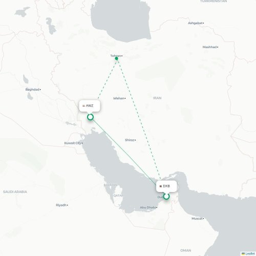 Mapa de vuelo directo Dubái - Ahwaz