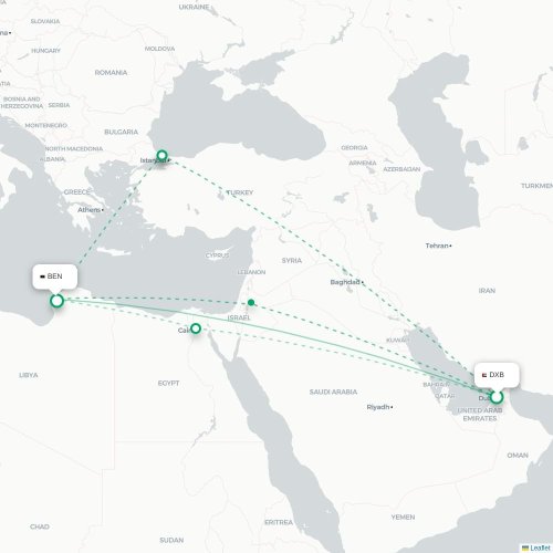 Mapa lotu bezpośredniego Dubaj – Bengazi