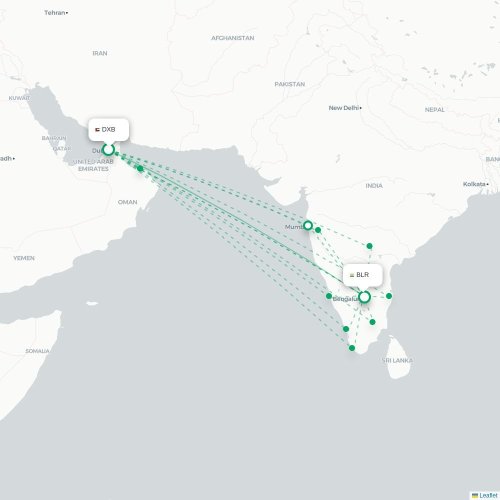 Mapa de vuelo directo Dubái - Bangalore