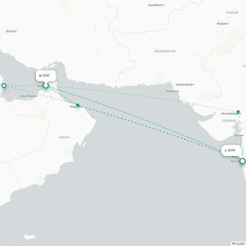 Mapa de vuelo directo Dubái - Bombay