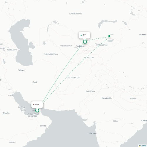 Mapa de vuelo directo Dubái - Shymkent