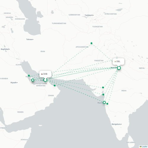Mapa de vuelo directo Dubái - Nueva Delhi
