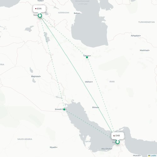Mapa de vuelo directo Dubái - Ereván