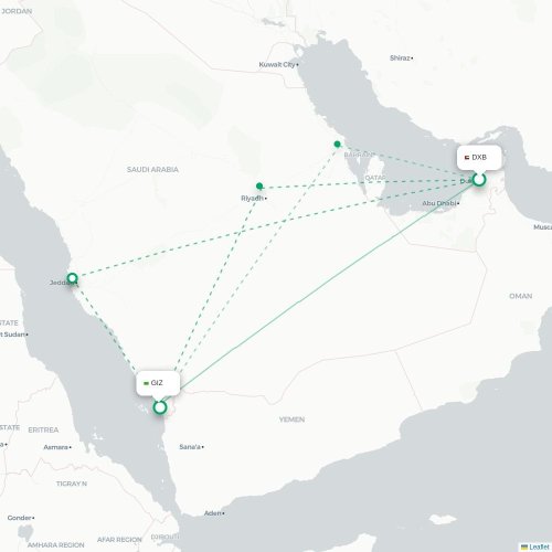 Dubai - Jazan kaart van rechtstreekse vlucht