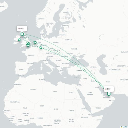 Mapa de vuelo directo Dubái - Glasgow