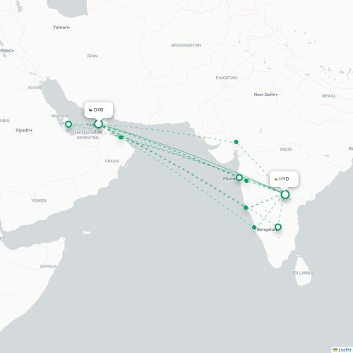 Mapa de vuelo directo Dubái - Hyderabad