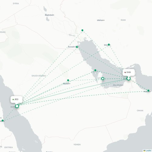 Mapa de vuelo directo Dubái - Jedda