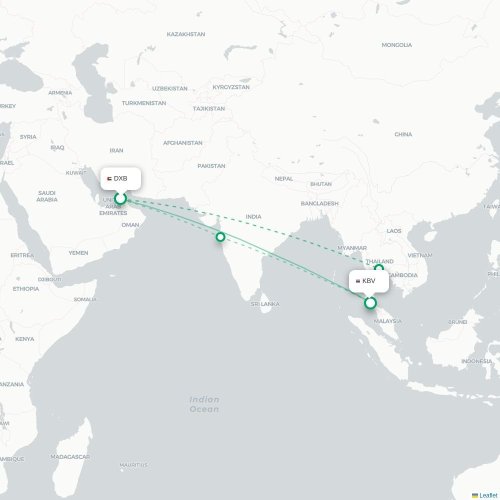 Mapa de vuelo directo Dubái - Krabi