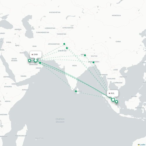 Mapa lotu bezpośredniego Dubaj – Kuala Lumpur