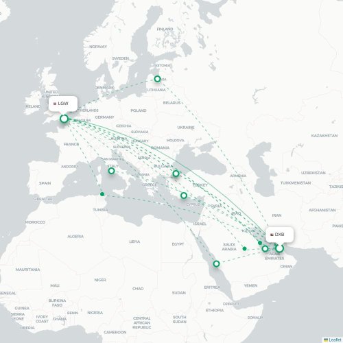 Mapa de vuelo directo Dubái - Londres