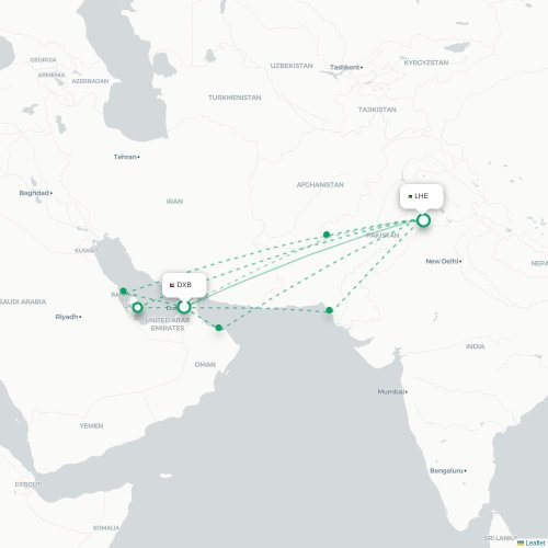 Mapa de vuelo directo Dubái - Lahore