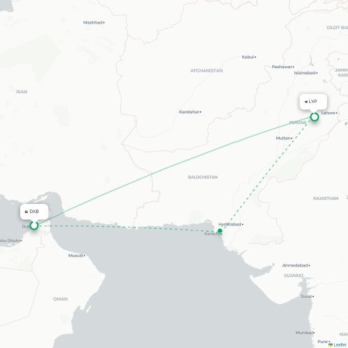 Mapa de vuelo directo Dubái - Faisalābād