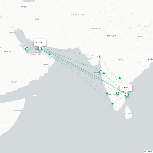 Mapa de vuelo directo Dubái - Madrás