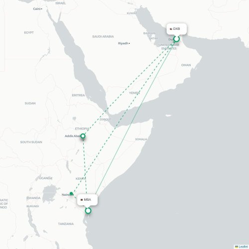 Dubai - Mombasa karta över direktflyg