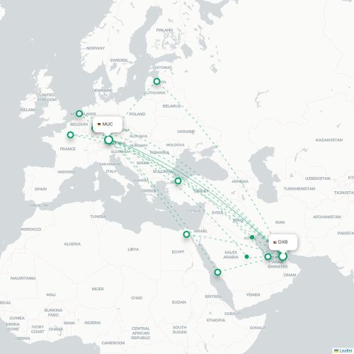 Mapa lotu bezpośredniego Dubaj – Monachium