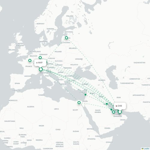 Mapa lotu bezpośredniego Dubaj – Mediolan
