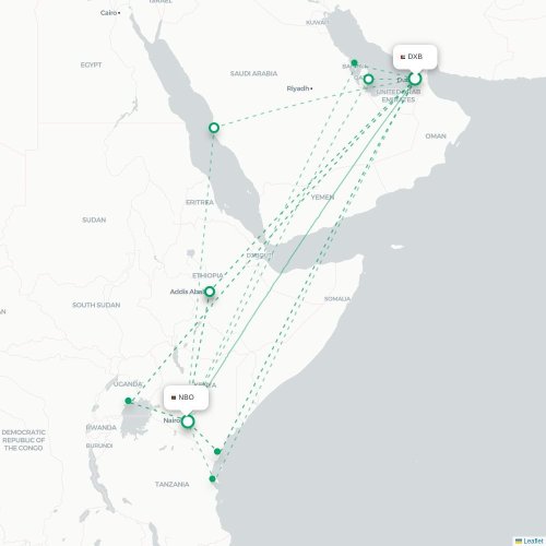 Dubai - Nairobi karta över direktflyg