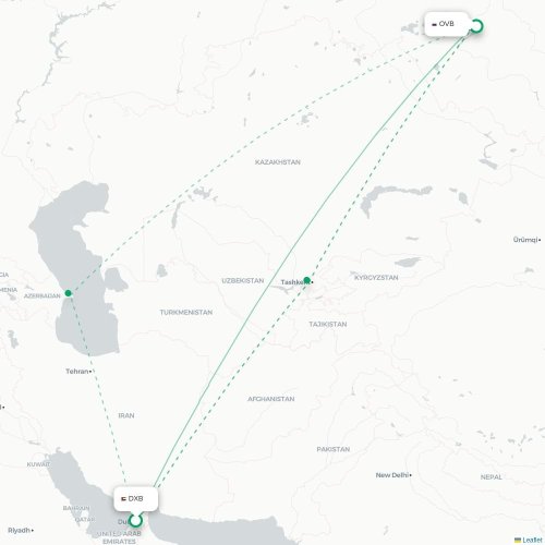 Mapa de vuelo directo Dubái - Novosibirsk