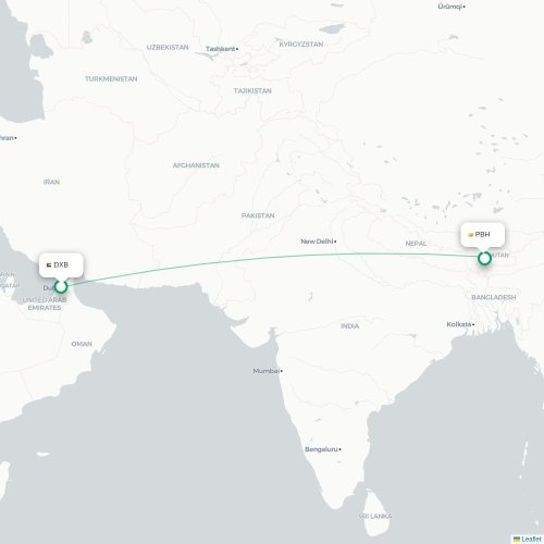 Mapa lotu bezpośredniego Dubaj – Paro