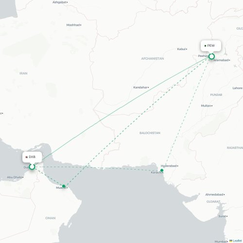 Mapa de vuelo directo Dubái - Peshawar