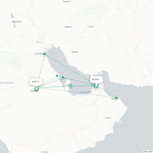 Mapa de vuelo directo Dubái - Riad