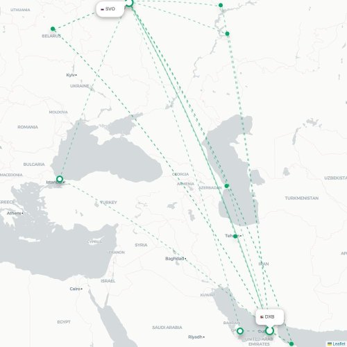 Mapa lotu bezpośredniego Dubaj – Moskwa