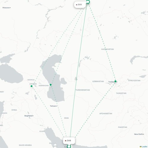 Mapa de vuelo directo Dubái - Ekaterinburgo