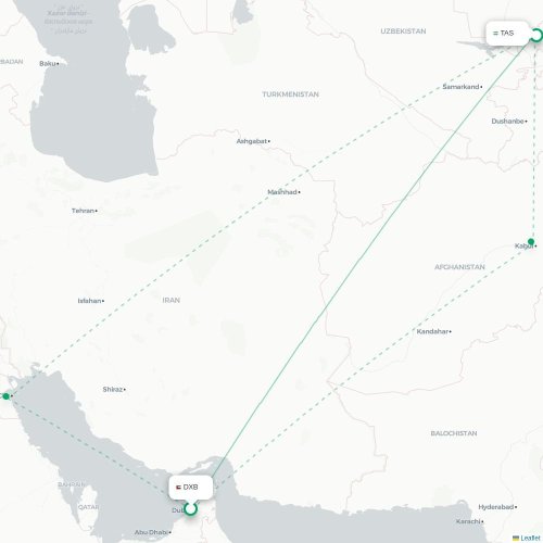 Mapa de vuelo directo Dubái - Taskent