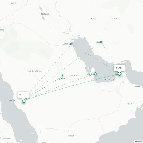 Mapa de vuelo directo Dubái - Taif