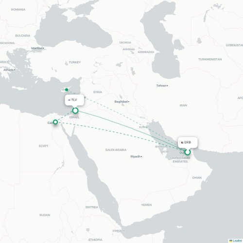 Mapa lotu bezpośredniego Dubaj – Tel Awiw