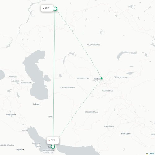 Mapa de vuelo directo Dubái - Ufá