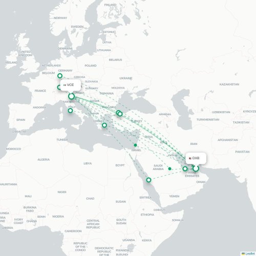 Mapa lotu bezpośredniego Dubaj – Wenecja