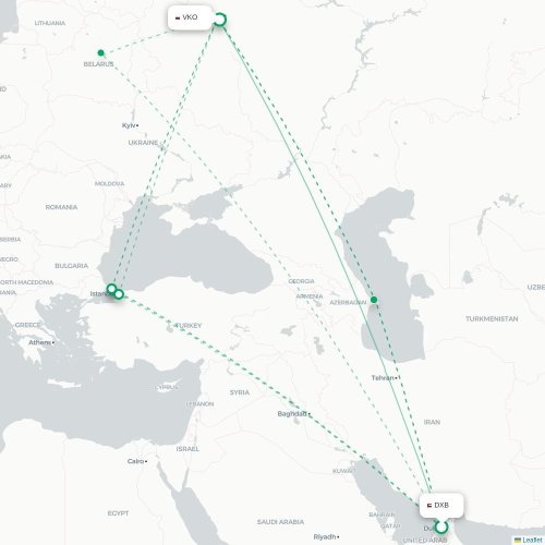 Mapa de vuelo directo Dubái - Moscú