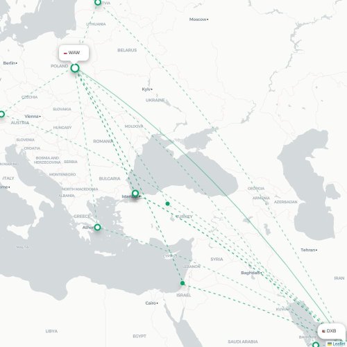 Mapa lotu bezpośredniego Dubaj – Warszawa