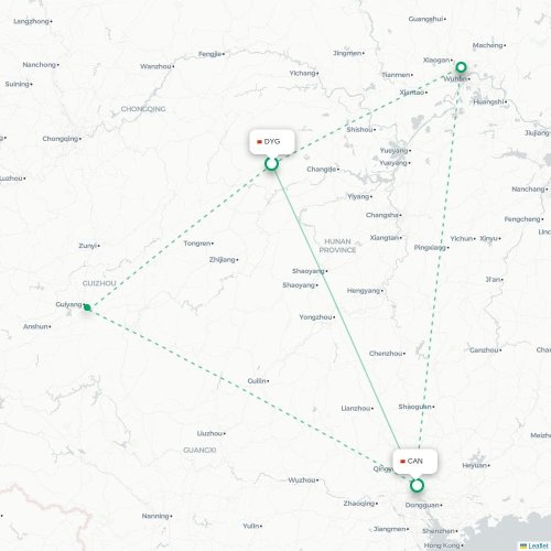 Mapa lotu bezpośredniego Zhangjiajie – Kanton