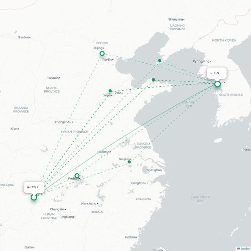 Mapa lotu bezpośredniego Zhangjiajie – Inczhon