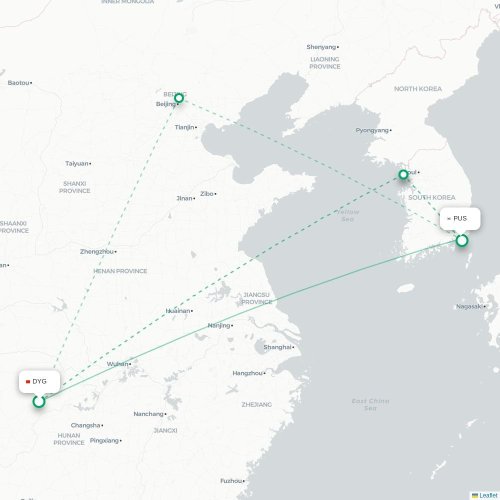 Mapa lotu bezpośredniego Zhangjiajie – Pusan