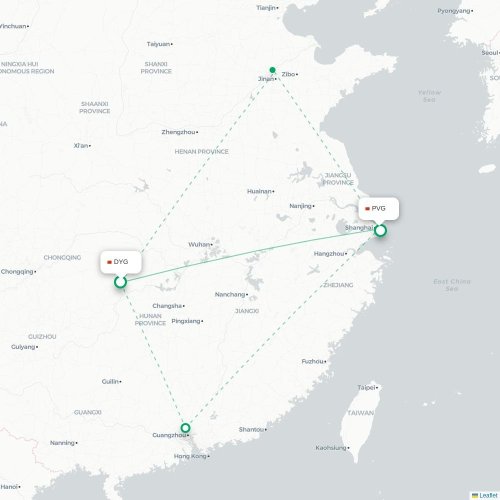 Mapa lotu bezpośredniego Zhangjiajie – Szanghaj