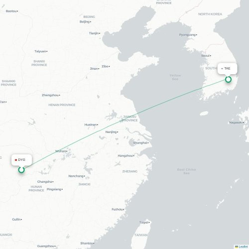 Mapa lotu bezpośredniego Zhangjiajie – Taegu