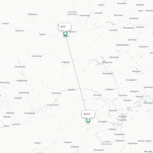 Mapa lotu bezpośredniego Zhangjiajie – Xi'an