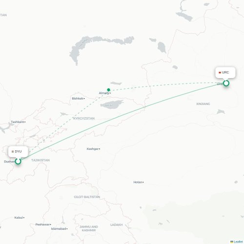Mapa lotu bezpośredniego Duszanbe – Urumczi