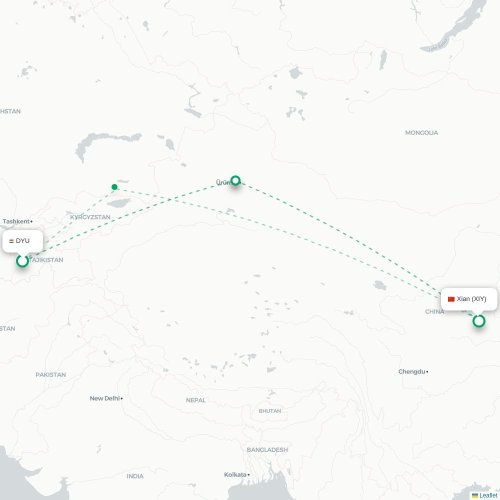 Mapa lotu bezpośredniego Duszanbe – Xi'an