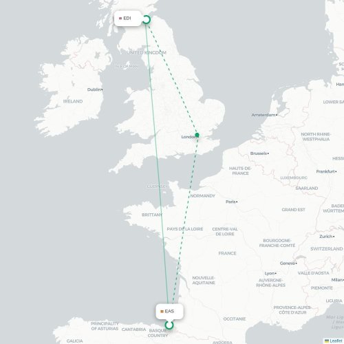 Mapa de vuelo directo San Sebastián - Edimburgo