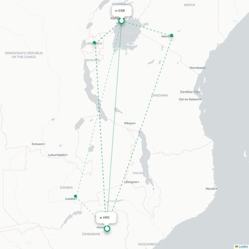 Mapa lotu bezpośredniego Entebbe – Harare
