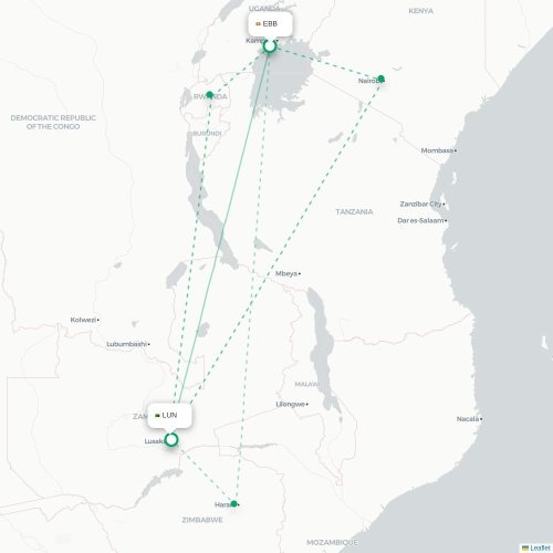 Mapa lotu bezpośredniego Entebbe – Lusaka