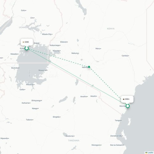 Entebbe - Mombasa karta över direktflyg